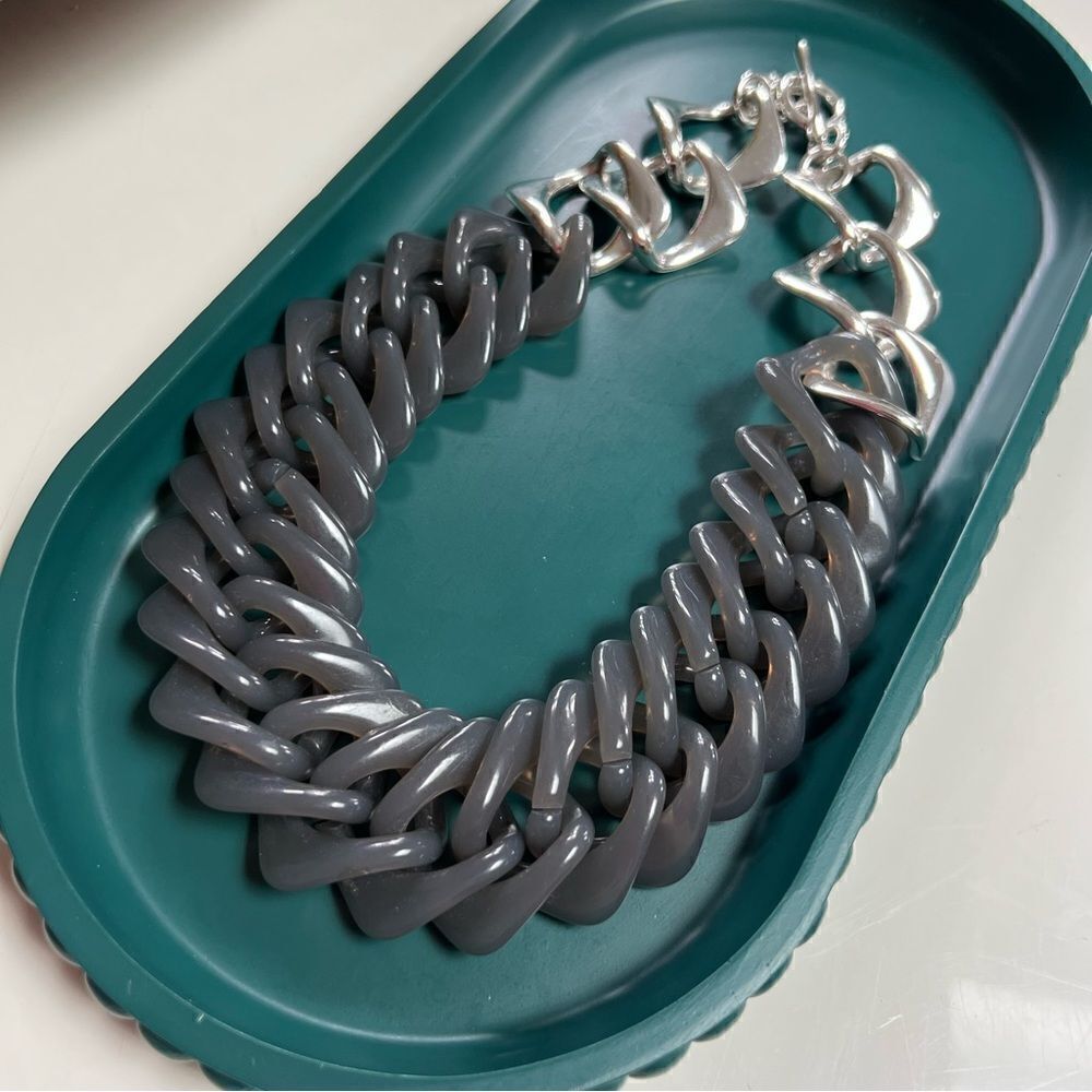 Trendy Oversized Acrylic Resin Chain Link Gray Silver Toned Statement Necklace